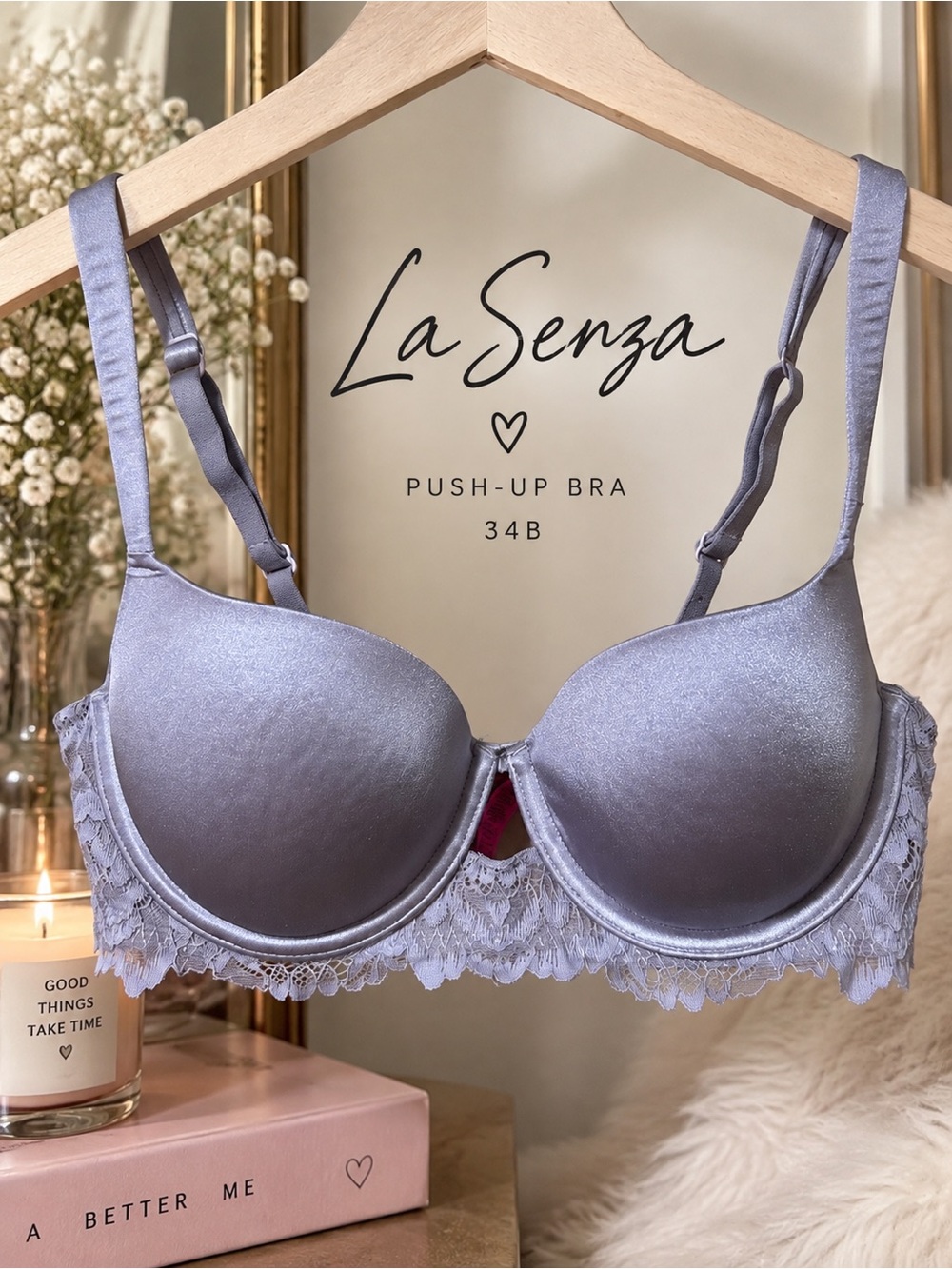 La Senza | Satin | Push-Up Bra | 34B | Grey Lilac | Lace Trim